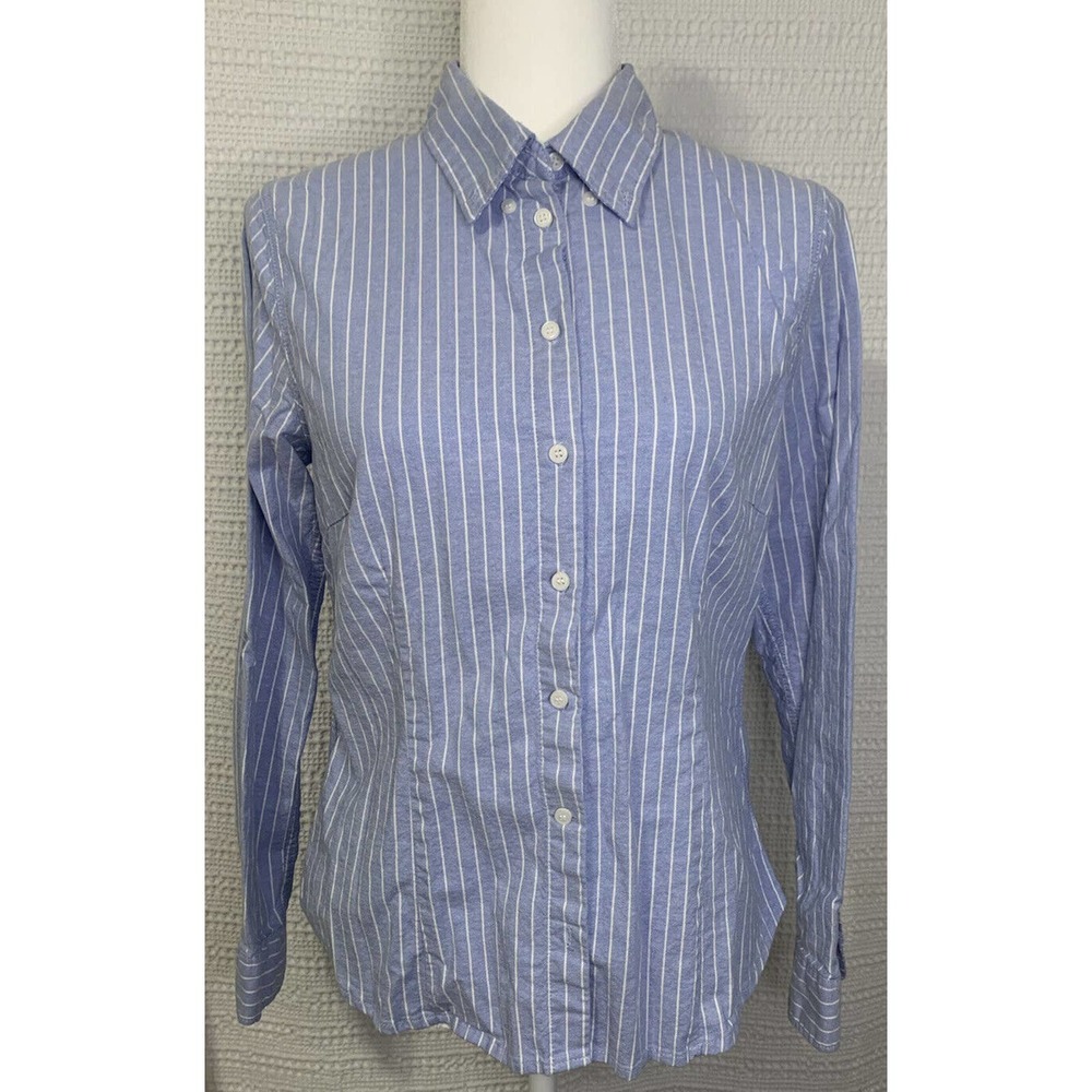 Label of Greater Goods Women s Long Sleeve Button Up Blue White Stripes Tailored